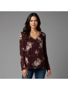 Maurices Women's Size 2XL Purple Long Knit Sleeve V Neck Embellished Tunic Top